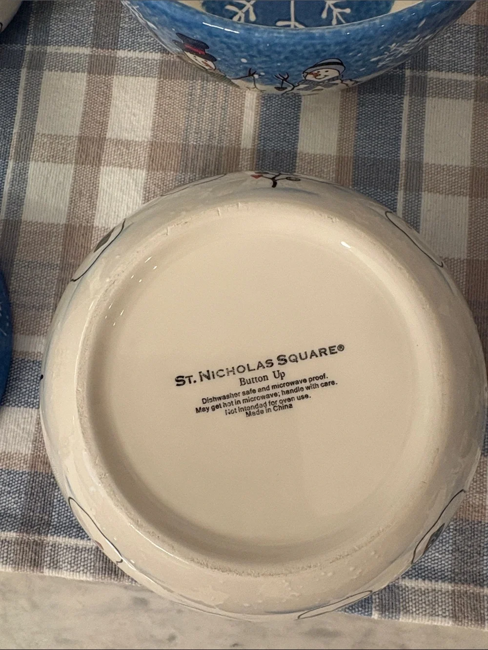 St. Nicholas Square 6 Button Up Blue Snowman Cereal / Soup Bowls Holiday
